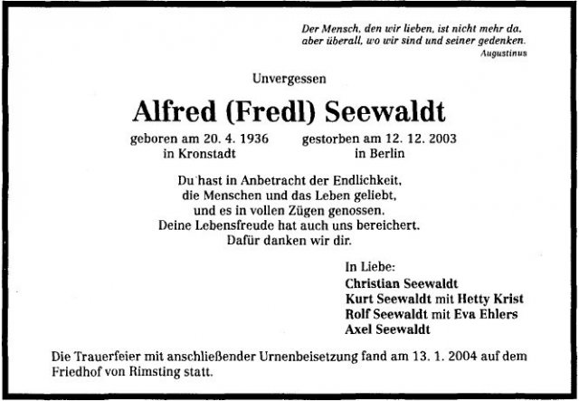 Seewaldt Alfred 1936-2003 Todesanzeige